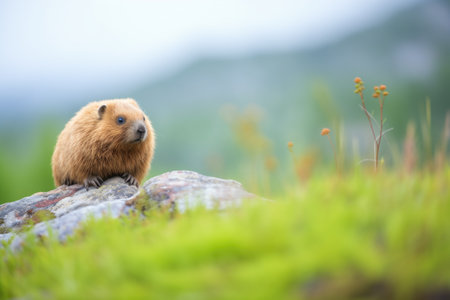 marmot sitting on a smooth boulder in meadowの素材