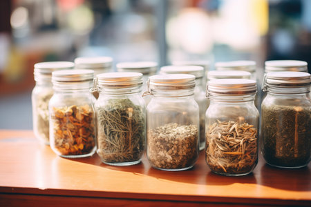 close-up of glass jars filled with various strains of cannabisの素材