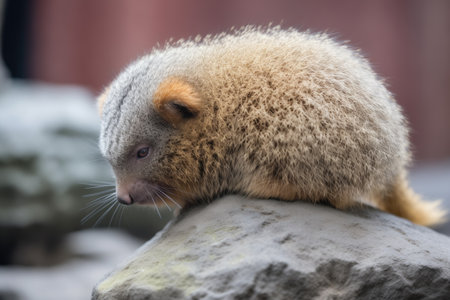mongoose grooming itself on a warm rockの素材