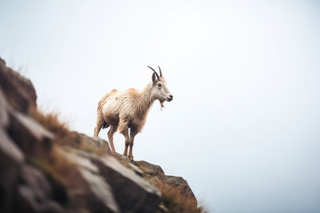 mountain goat standing near cliffs edge with fog belowの素材