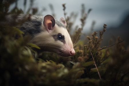 opossum on a night prowl beside bushesの素材