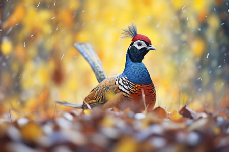 sunlit pheasant amid the shadows of autumn leavesの素材