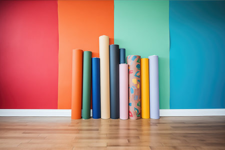 backdrop rolls of various colors mounted on wallの素材