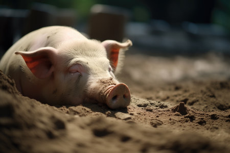 pig napping in shadowy mud spotの素材