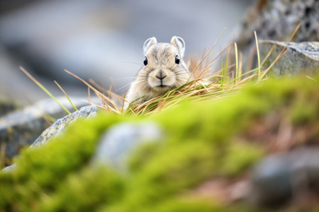 a pika camouflaged among haystacks and rocksの素材
