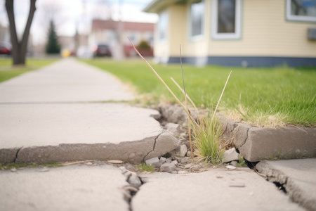 cracked sidewalks with grass sprouting throughの素材