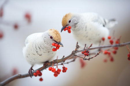 two ptarmigans pecking at frozen berriesの素材