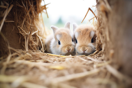 young rabbits nestled together in a denの素材