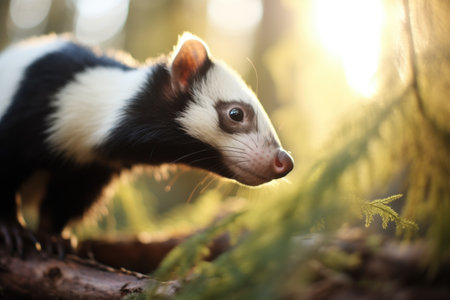 skunkè¢Âs eyes illuminated by last rays of sun in the forestの素材