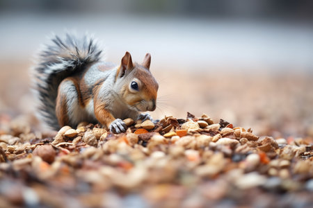 squirrel sniffing at a pile of mixed nuts on the groundの素材