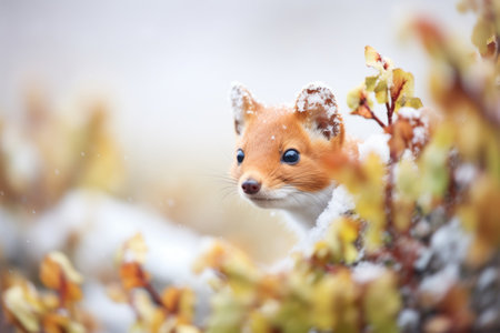 stoat nestled in a frosty bushの素材
