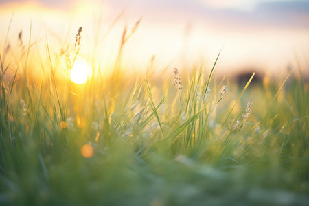 sun setting behind grassy horizonの素材