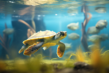 turtle diving into water from ponds edgeの素材