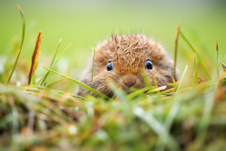 startled vole emerging from grass at noiseの素材