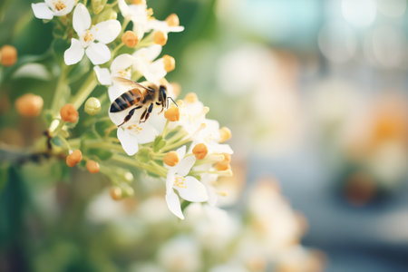 bee collecting nectar from farm flowersの素材