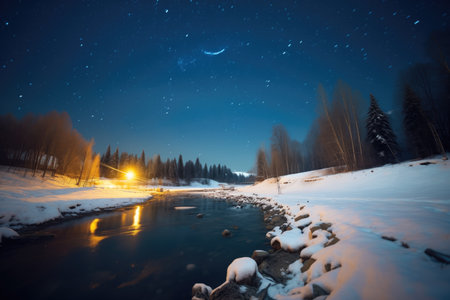 icy river winding under night skyの素材