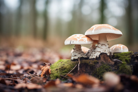 delicate snow caps on forest mushroomsの素材