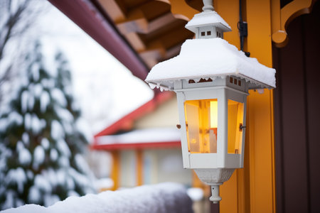 snow forming a cap on churchs outdoor lanternの素材
