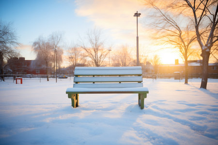 snowy park bench at sunrise, one track to itの素材