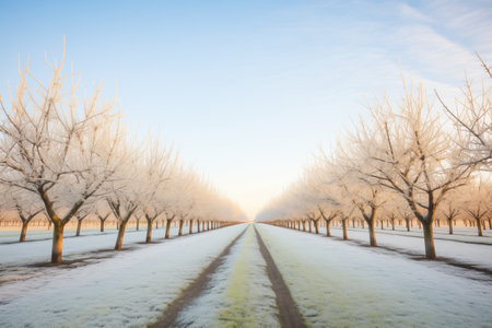 row of almond trees with hoarfrostの素材
