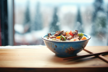 bowl of steamy stew with winter viewの素材