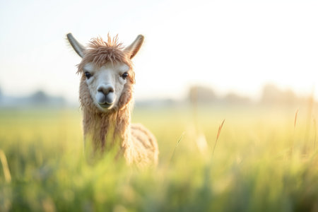 alpaca looking at camera in bright sunlit pastureの素材