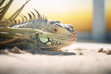 iguana under a cactus shadow in the desertの素材