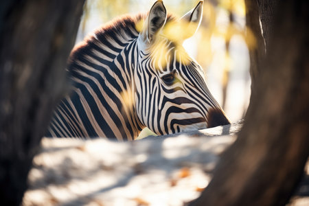 zebra laying in a trees dappled shadowの素材