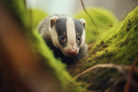 close-up of a badgers face peeking from its denの素材
