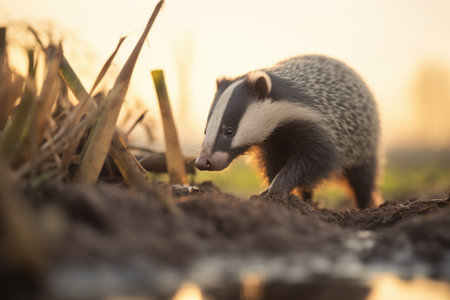 badger foraging near burrow with soft sunset lightの素材