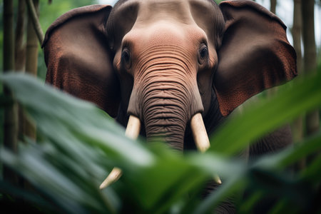 bornean elephant with large tusks framed by foliageの素材