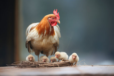 mother hen brooding over baby chicksの素材