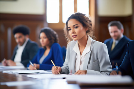 young jury pretending to deliberate with notes and pensの素材