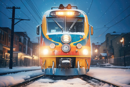 electric train with bright headlights in the snowの素材