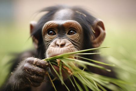 chimpanzee with a makeshift grass whistleの素材