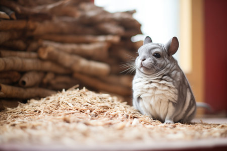 chinchilla perched by wood shavings pileの素材