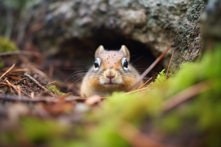 chipmunk inspecting burrow before winter sets inの素材