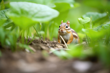 chipmunk under a shrub safeguarding a chestnutの素材