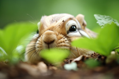chipmunk beneath a shrub with cheeks bulgingの素材