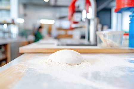 fresh pizza dough being stretched on floured counterの素材