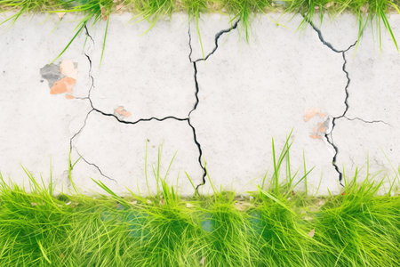 cracked concrete surface with grass poking throughの素材