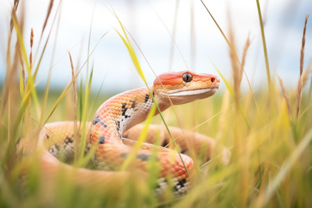 corn snake winding through a field of high grassの素材