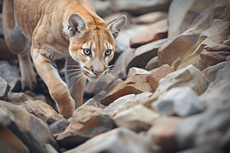 zoom-in on a cougar silently navigating a rocky terrainの素材