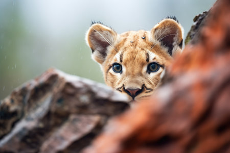 cougar peeking from a rocky ledgeの素材