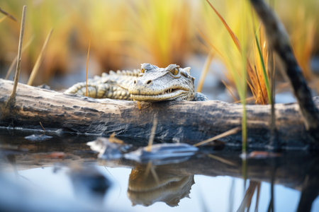 juvenile crocodile beside swamp reedsの素材