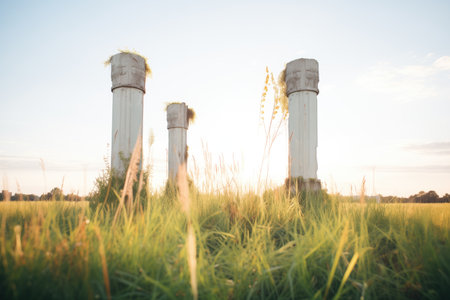 broken pillars in a field with overgrown grassの素材
