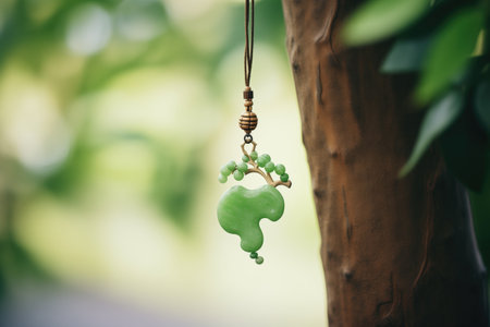 a jade pendant hanging from a tree branchの素材