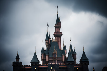 dark castle silhouette against a stormy sky backdropの素材