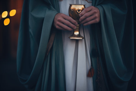 a person draped in a cloak holding a chalice under the moonlightの素材