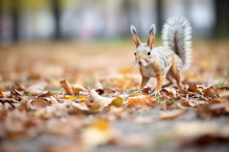 squirrel foraging on the ground among fallen leavesの素材